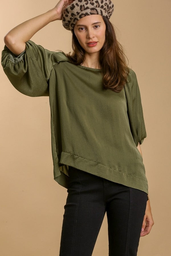 Umgee Washed Satin Top with Half Puff Sleeves in Olive Shirts & Tops Umgee   