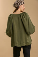 Load image into Gallery viewer, Umgee Washed Satin Top with Half Puff Sleeves in Olive Shirts &amp; Tops Umgee   
