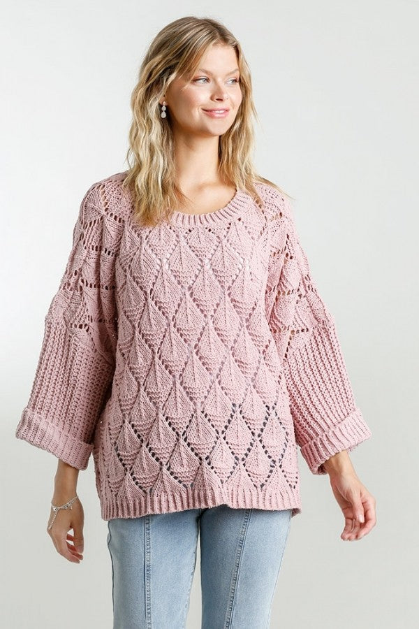 Umgee Round Neck Loose Knit Pullover Sweater in Light Mauve Sweaters Umgee   