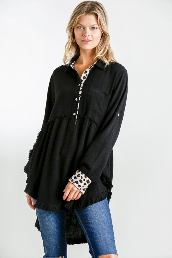 Umgee Black Top with Animal Print Accents Tops Umgee   