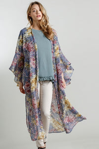 Umgee Steel Blue Floral Long Sheer Kimono Kimonos Umgee   