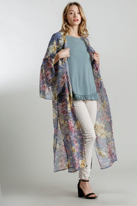 Umgee Steel Blue Floral Long Sheer Kimono Kimonos Umgee   