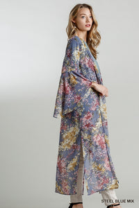 Umgee Steel Blue Floral Long Sheer Kimono Kimonos Umgee   