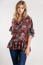 Load image into Gallery viewer, Umgee Brick Floral Print Tunic Top with Ruffled Sleeves Top Umgee   
