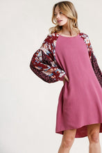 Load image into Gallery viewer, Umgee Berry Linen Blend Dress with Floral and Animal Print Sleeves-FINAL SALE Dresses Umgee   
