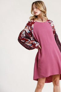 Umgee Berry Linen Blend Dress with Floral and Animal Print Sleeves-FINAL SALE Dresses Umgee   