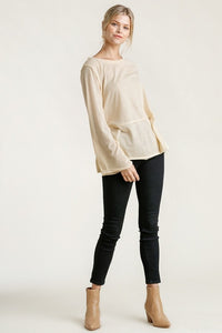 Umgee Long Sleeve Top with Raw Edge Trim in Cream Shirts & Tops Umgee   