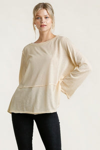 Umgee Long Sleeve Top with Raw Edge Trim in Cream Shirts & Tops Umgee   