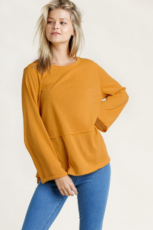 Umgee Long Sleeve Top with Raw Edge Trim in Mustard FINAL SALE Shirts & Tops Umgee   