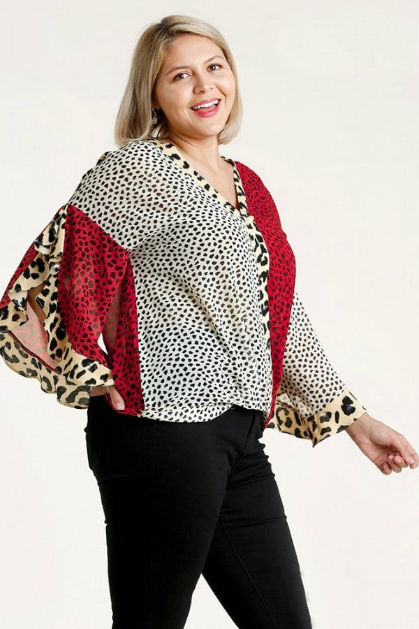 Umgee Top Mixed Animal Print Surplice in Red and Off White Tops Umgee   