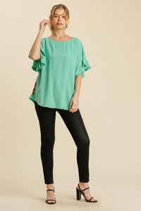 Umgee Linen Blend Top with Animal and Floral Print Back in Emerald Shirts & Tops Umgee   