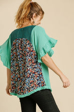 Load image into Gallery viewer, Umgee Linen Blend Top with Animal and Floral Print Back in Emerald Shirts &amp; Tops Umgee   
