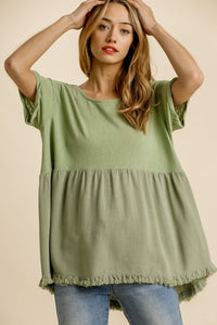 Umgee Sage Babydoll Top with Rolled Sleeves and Fringe Hem Tops Umgee   