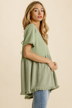 Load image into Gallery viewer, Umgee Sage Babydoll Top with Rolled Sleeves and Fringe Hem Tops Umgee   
