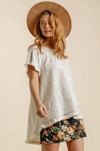 Umgee Linen Blend Top with Lace in Off White  Umgee   