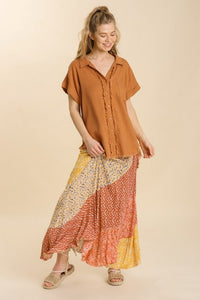 Umgee Linen Blend Top with Button Front and Frayed Trim in Caramel Shirts & Tops Umgee   