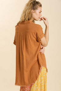 Umgee Linen Blend Top with Button Front and Frayed Trim in Caramel Shirts & Tops Umgee   