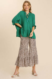 Umgee Kelly Green Linen Blend Top with Tassel Tie Tops Umgee   