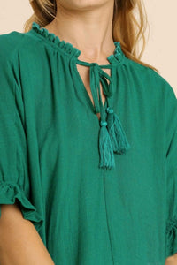Umgee Kelly Green Linen Blend Top with Tassel Tie Tops Umgee   