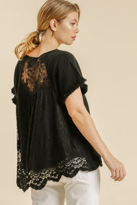 Umgee Linen Blend Top with Back Lace Detail in Black Shirts & Tops Umgee   