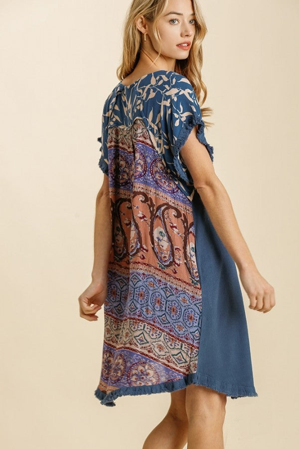 Umgee Dark Blue Dress with Printed Contrast- FINAL SALE Dresses Umgee   