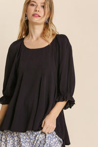 Umgee Top with Elastic Ruffled Cuff Sleeves and Pleated Details in Black Shirts & Tops Umgee   