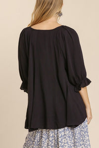 Umgee Top with Elastic Ruffled Cuff Sleeves and Pleated Details in Black Shirts & Tops Umgee   