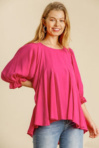 Umgee Top with Elastic Ruffled Cuff Sleeves and Pleated Details in Hot Pink Shirts & Tops Umgee   