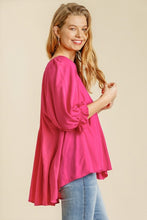 Load image into Gallery viewer, Umgee Top with Elastic Ruffled Cuff Sleeves and Pleated Details in Hot Pink Shirts &amp; Tops Umgee   
