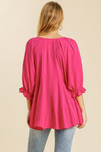 Load image into Gallery viewer, Umgee Top with Elastic Ruffled Cuff Sleeves and Pleated Details in Hot Pink Shirts &amp; Tops Umgee   
