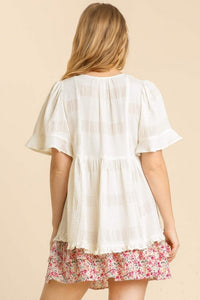 Umgee Sheer Textured Babydoll Top in White Shirts & Tops Umgee   