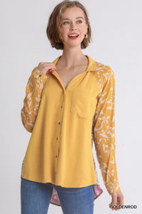 Umgee Button Front Top with Printed Back in Goldenrod Mix  Umgee   