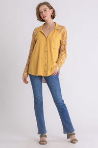 Umgee Button Front Top with Printed Back in Goldenrod Mix  Umgee   