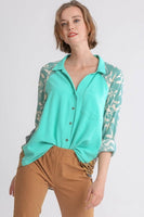 Umgee Button Front Top with Printed Back in Emerald Mix FINAL SALE  Umgee   