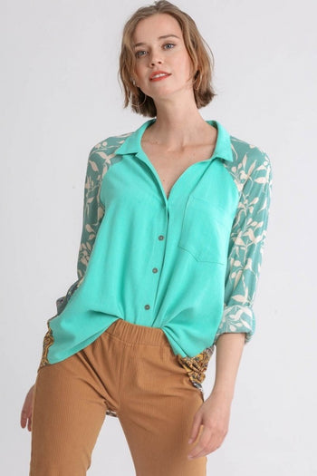Umgee Button Front Top with Printed Back in Emerald Mix FINAL SALE  Umgee   