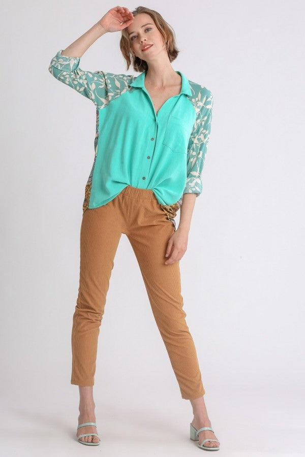 Umgee Button Front Top with Printed Back in Emerald Mix FINAL SALE  Umgee   