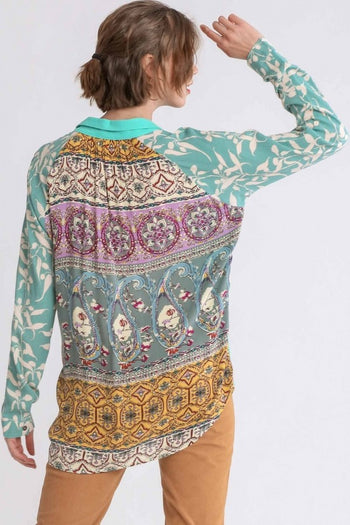 Umgee Button Front Top with Printed Back in Emerald Mix FINAL SALE  Umgee   