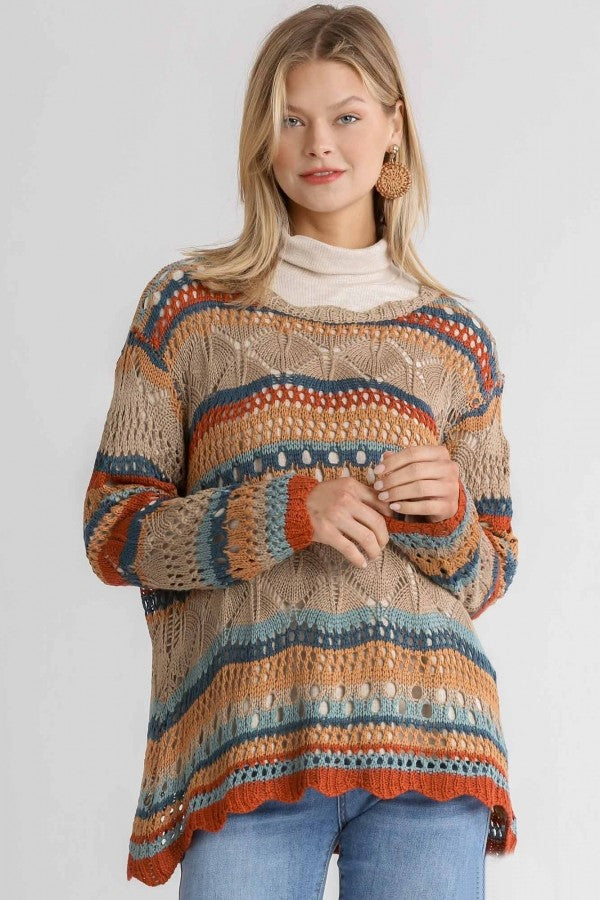 Umgee Lightweight Crocheted Sweater in Teal and Rust Mix Shirts & Tops Umgee   