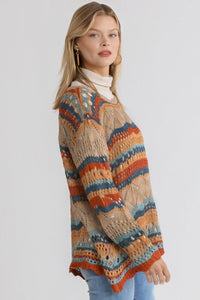 Umgee Lightweight Crocheted Sweater in Teal and Rust Mix Shirts & Tops Umgee   