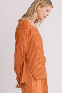 Umgee Ribbed Knit Top with Linen Blend Contrast on Back in Sunset-FINAL SALE Shirts & Tops Umgee   