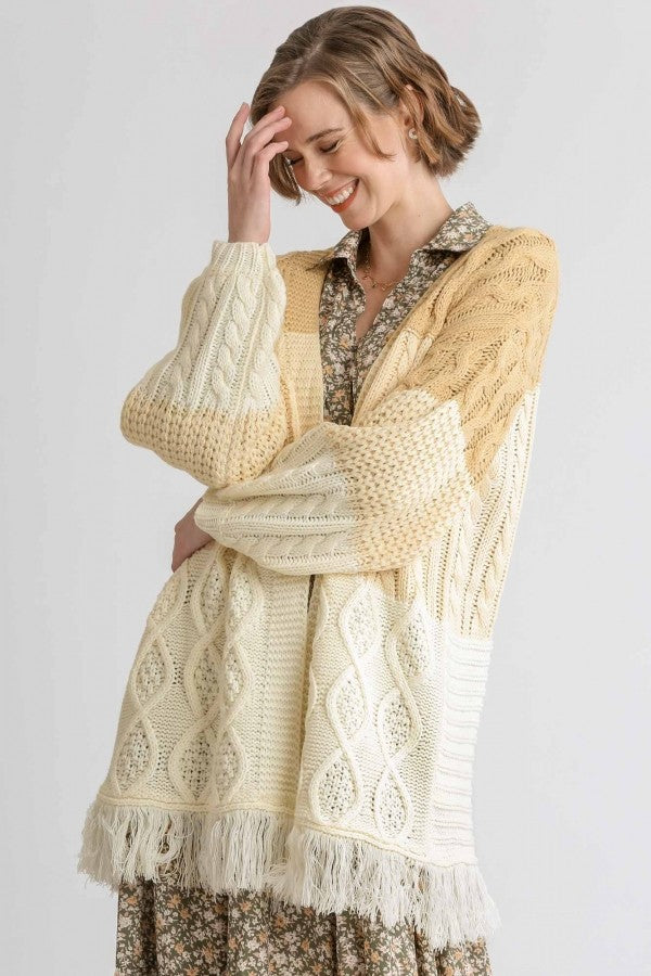 Umgee Patchwork Knitted Open Front Cardigan in Natural Mix