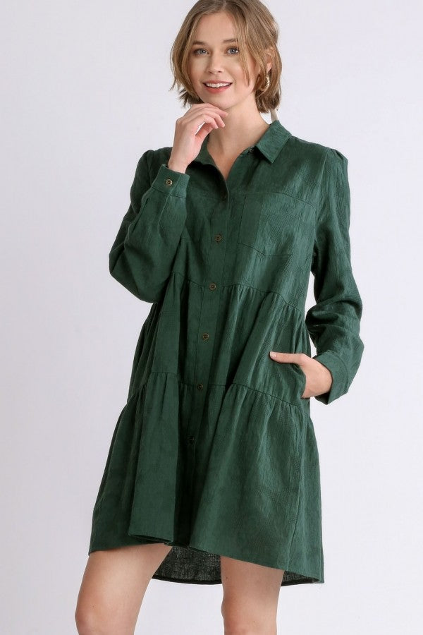 Umgee Textured Long Sleeve Dress in Forest Green  Umgee   