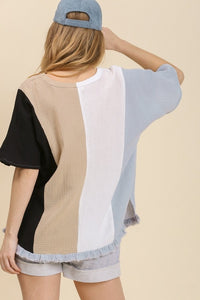 Umgee Vertically Striped Color Block Top in Silver and Black Shirts & Tops Umgee   