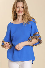 Load image into Gallery viewer, Umgee Cotton Gauze Top with Leopard Trim Ruffled Sleeves in Sapphire Blue  Umgee   
