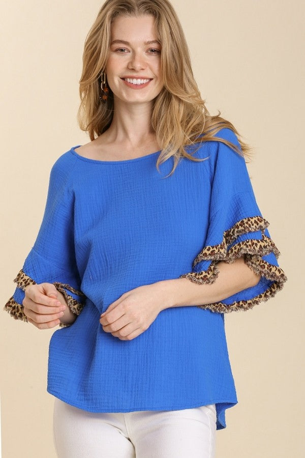 Umgee Cotton Gauze Top with Leopard Trim Ruffled Sleeves in Sapphire Blue  Umgee   