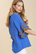 Load image into Gallery viewer, Umgee Cotton Gauze Top with Leopard Trim Ruffled Sleeves in Sapphire Blue  Umgee   
