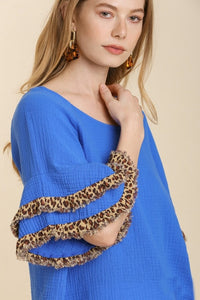 Umgee Cotton Gauze Top with Leopard Trim Ruffled Sleeves in Sapphire Blue  Umgee   