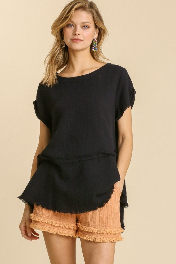Umgee Gauze Short Sleeve Top in Black Shirts & Tops Umgee   