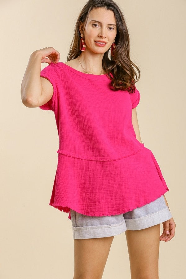 Umgee Gauze Short Sleeve Top in Hot Pink Shirts & Tops Umgee   