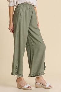 Umgee Linen Pants with Ruffled Trim in Light Olive Pants Umgee   